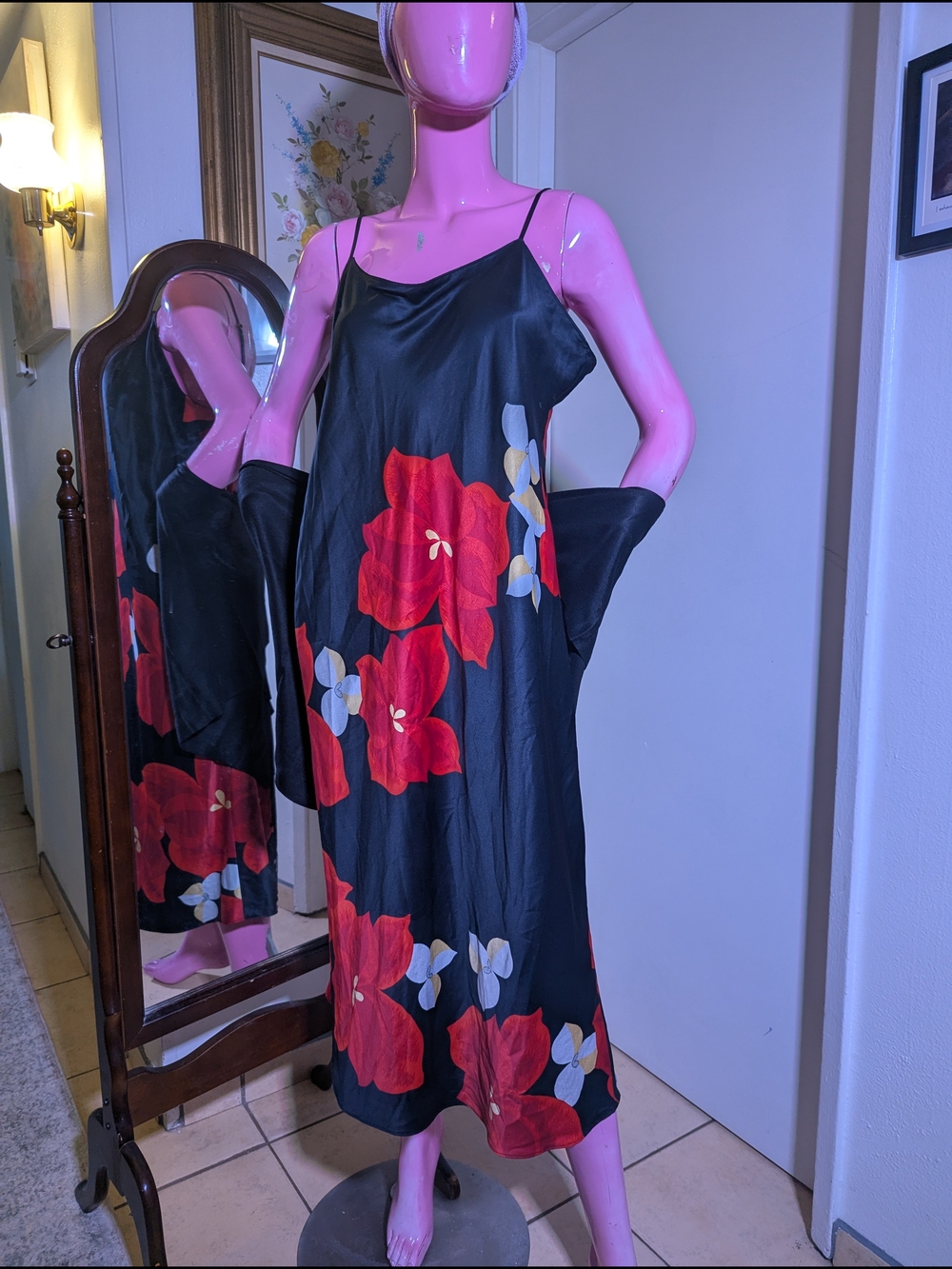 Black Slip Chemise with Red Floral Print - Women's Intimates